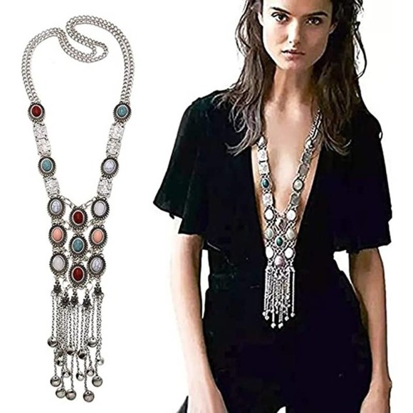Long Silver Necklace Turquoise  Gemstone Boho Ethnic Tribal Necklace Bohemian - Picture 2 of 6